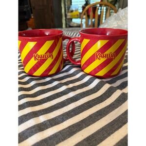 Kahlua Coffee Mugs Set of 2 Red Yellow Diagonal Striped Logo Cups Vintage